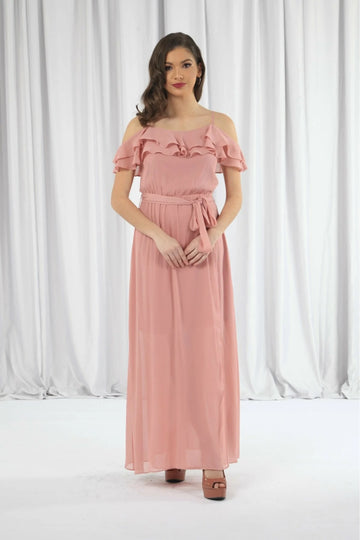 Pink Double Frill Off Shoulder Wrap Maxi Dress Double Second